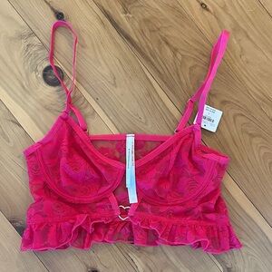 Hot Pink Lace Bralette with Ruffle Hem Heart Small Anthropologie